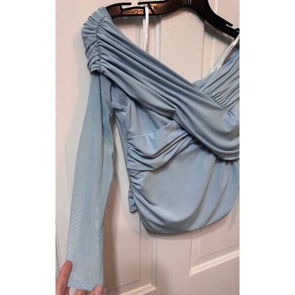 Self Portrait Blue Off The Shoulder Cold Shoulder Sheer Sleeve Top Size 6 - Picture 5 of 10